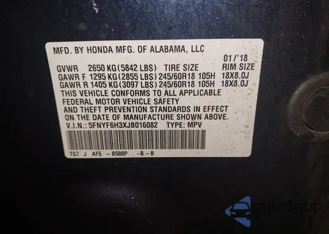 2018 Honda Pilot Ex-L from USA, damaged, VIN 5FNYF6H57JB021578